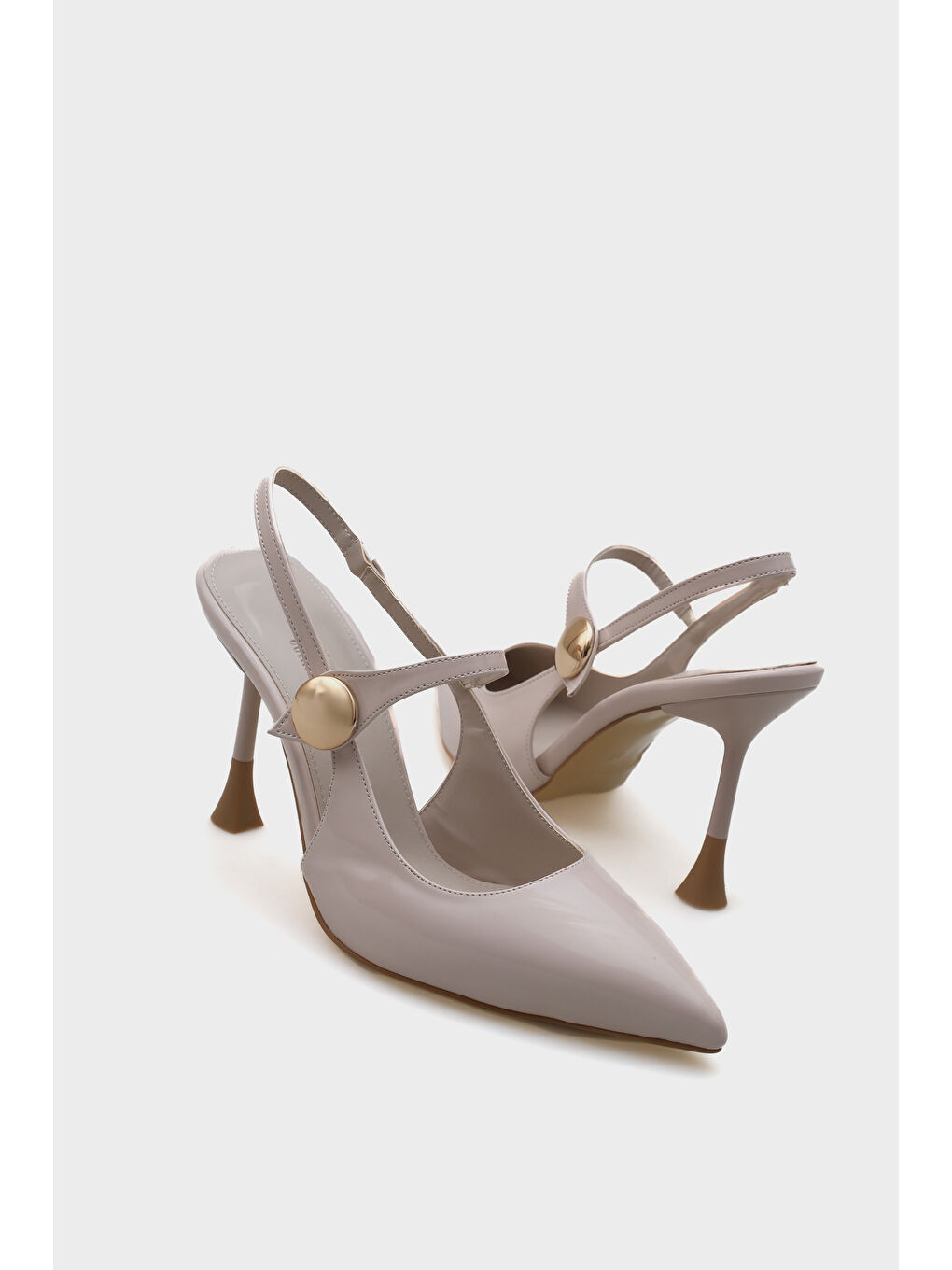 Bej Holly Sivri Burunlu Orta Topuklu Arkası Bantlı Kadın Topuklu Ayakkabı-4