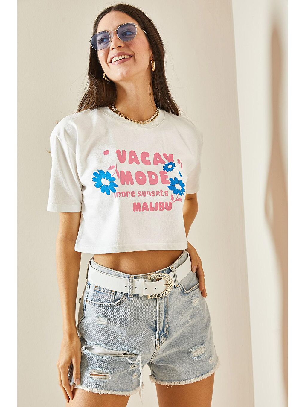 XHAN Beyaz Baskılı Bisiklet Yaka Crop T-Shirt 5YXK1-48564-01 - 1