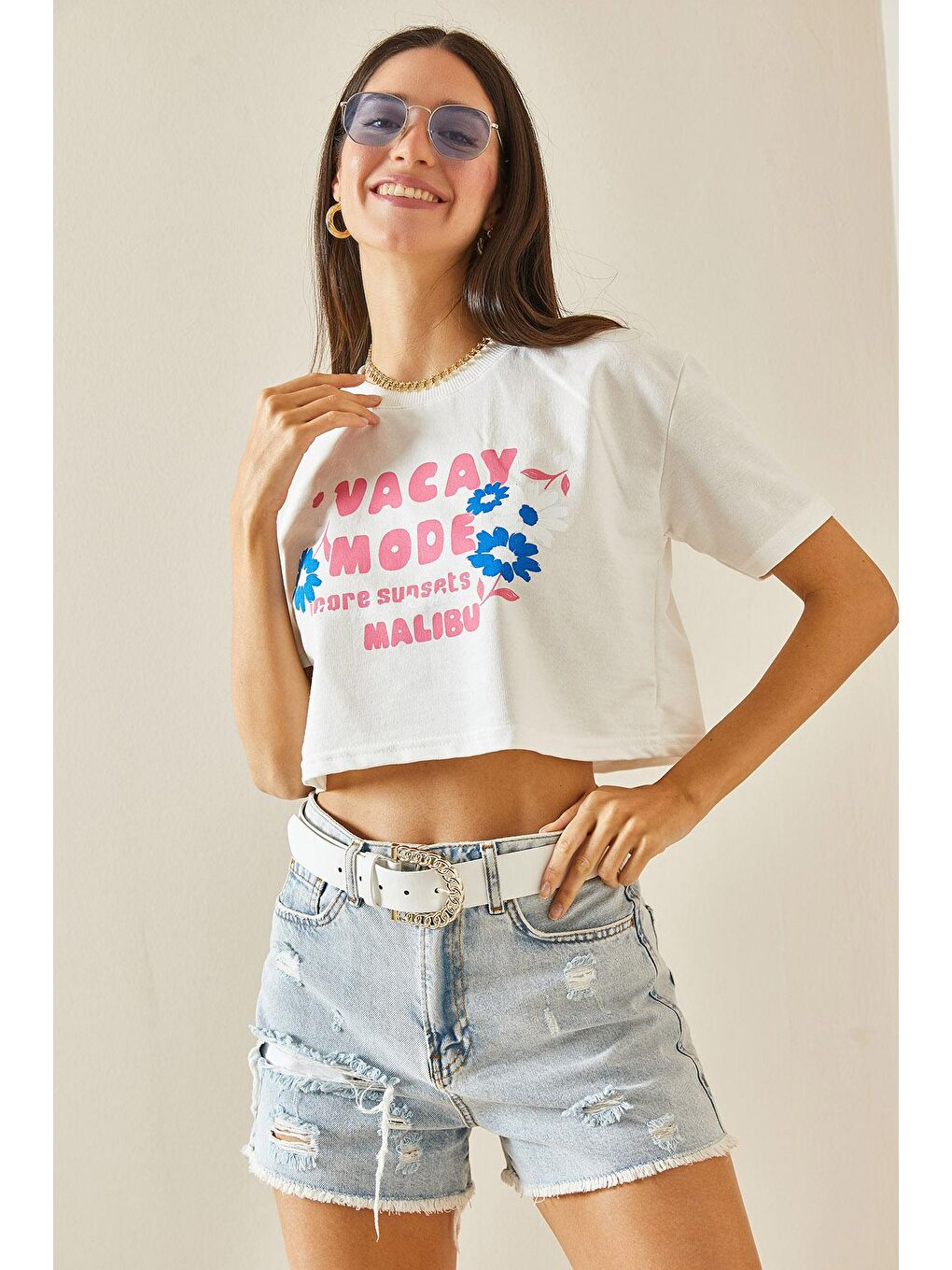 XHAN Beyaz Baskılı Bisiklet Yaka Crop T-Shirt 5YXK1-48564-01 - 3