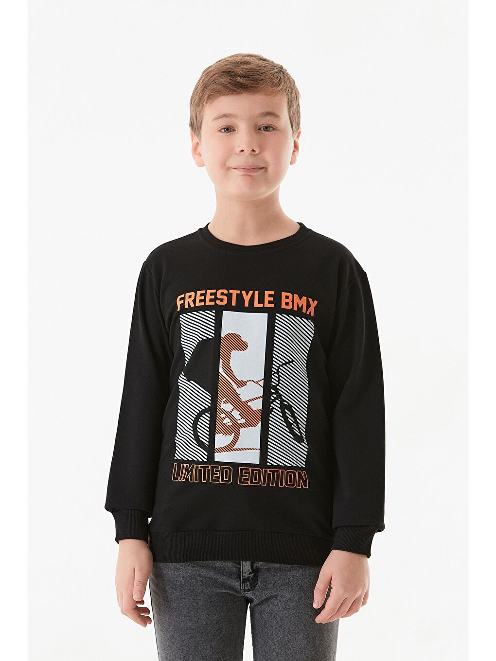Siyah Freestyle Baskılı Bisiklet Yaka Erkek Çocuk Sweatshirt