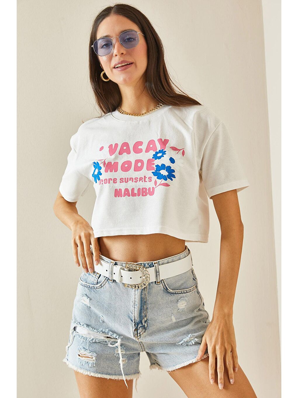 XHAN Beyaz Baskılı Bisiklet Yaka Crop T-Shirt 5YXK1-48564-01 - 4