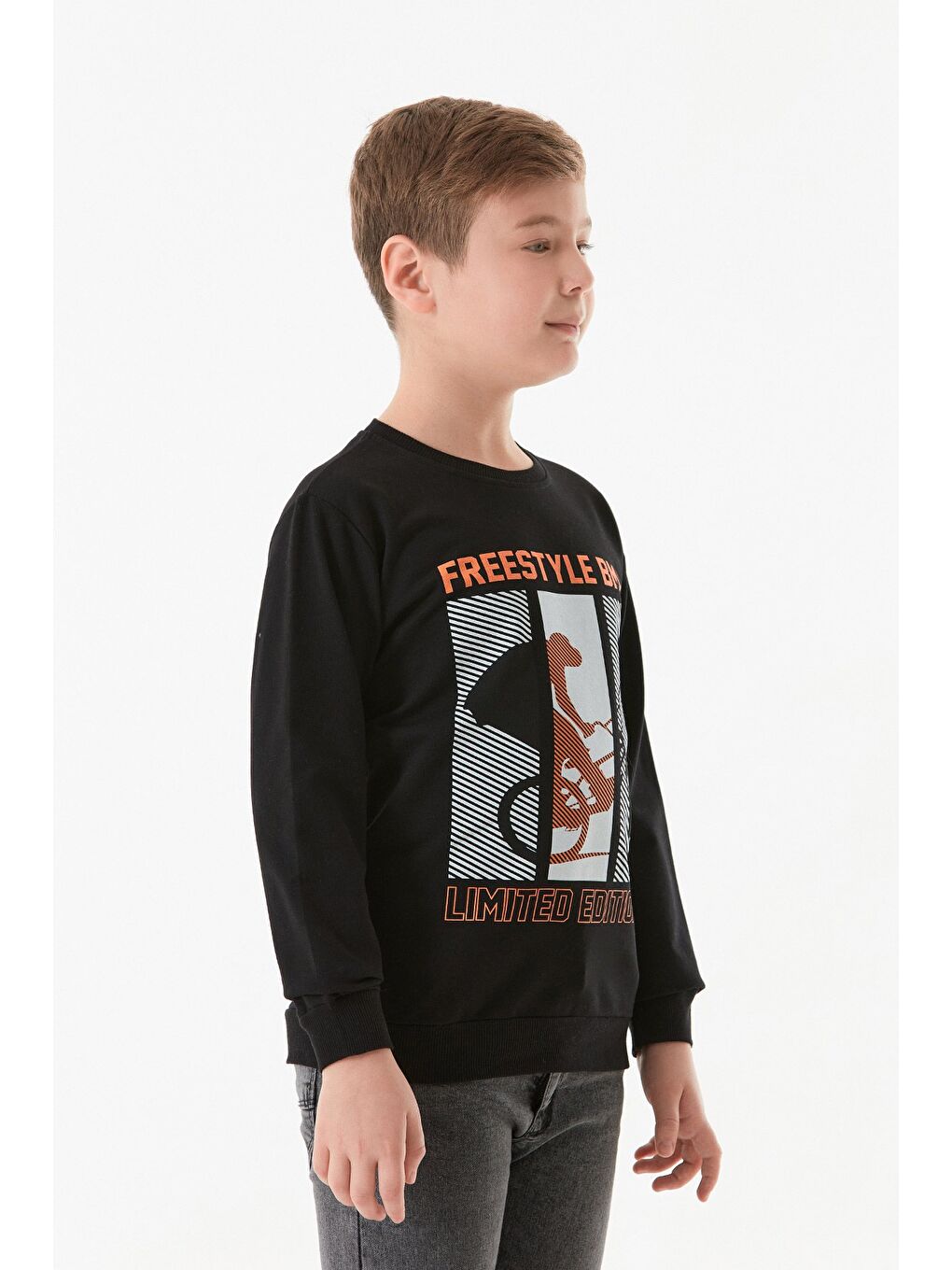 Siyah Freestyle Baskılı Bisiklet Yaka Erkek Çocuk Sweatshirt-4