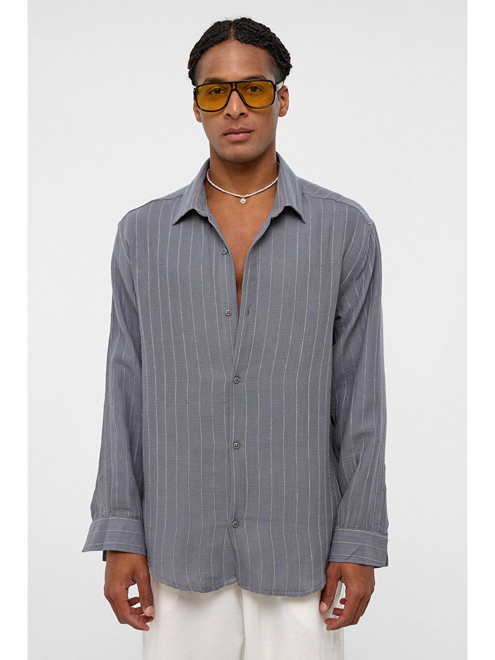 Gri Çizgili Oversize Müslin Keten Gömlek Füme