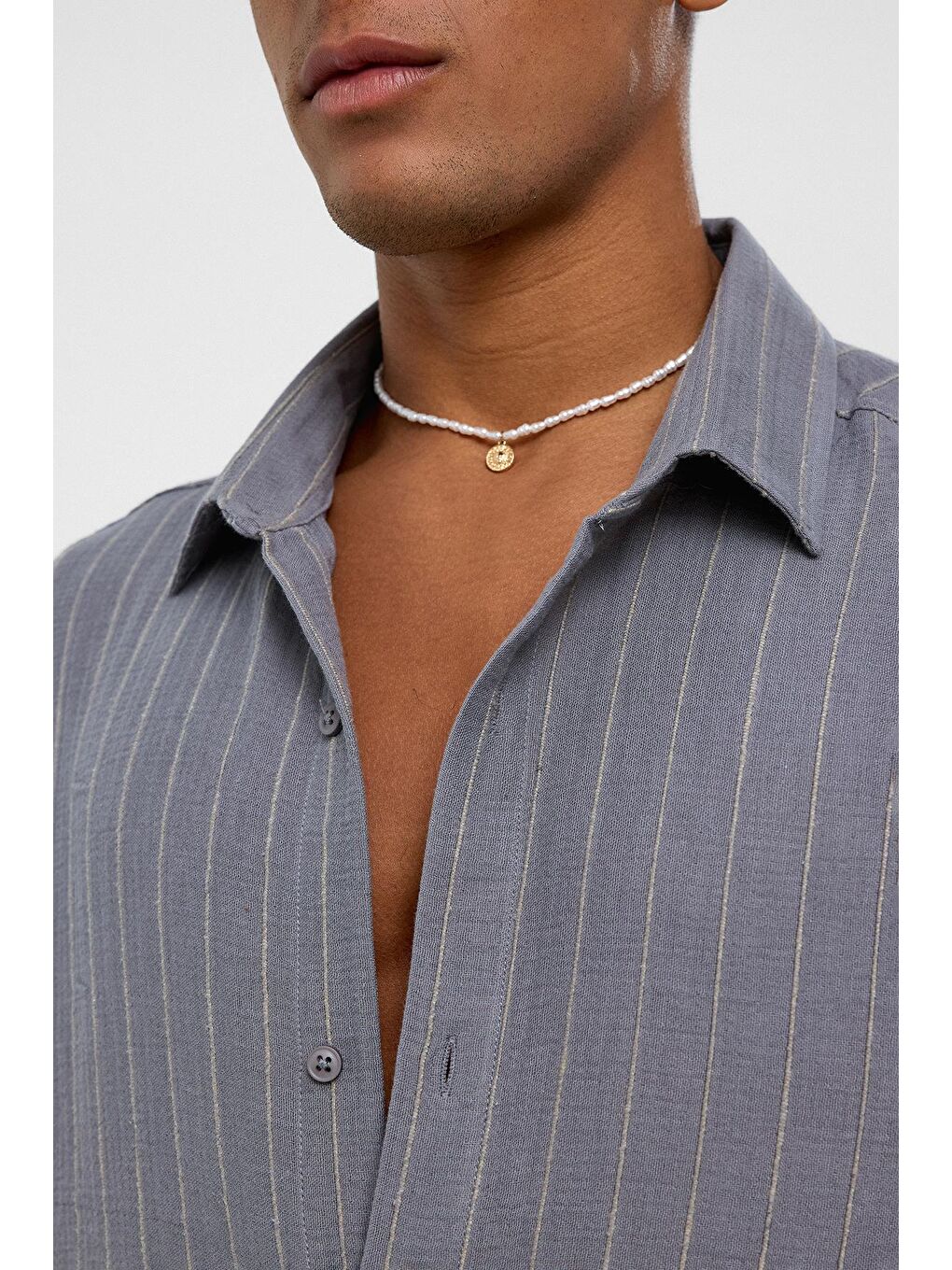 Gri Çizgili Oversize Müslin Keten Gömlek Füme-3