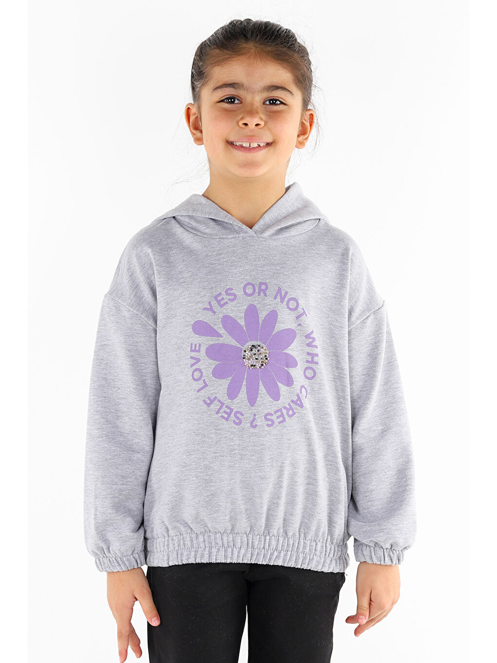 KİKO Gri Kapüşonlu Yes Or Not Baskılı Uzun Kollu Kız Çocuk Sweatshirt