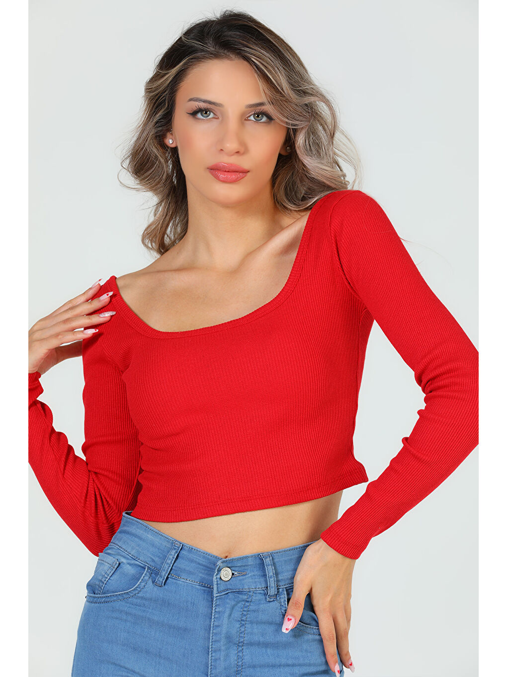 GÜLSELİ Kırmızı Kadın Kare Yaka Kaşkorse Crop Body Bluz