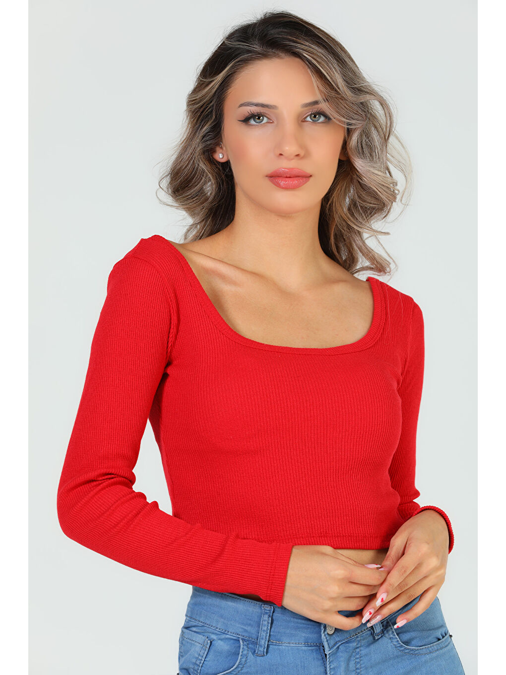 GÜLSELİ Kırmızı Kadın Kare Yaka Kaşkorse Crop Body Bluz - 2