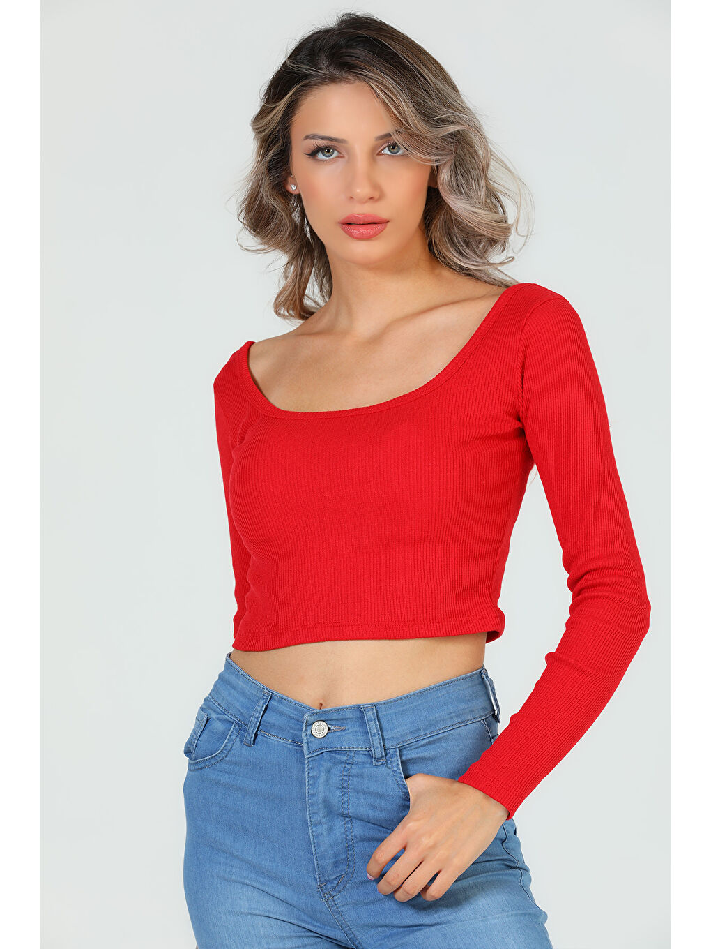 GÜLSELİ Kırmızı Kadın Kare Yaka Kaşkorse Crop Body Bluz - 4