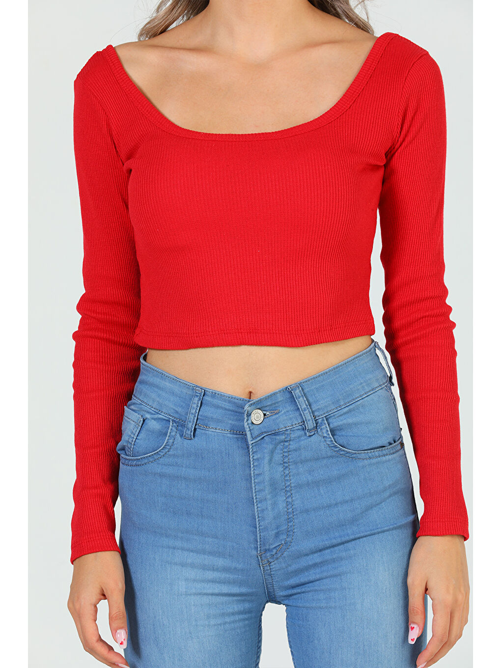 GÜLSELİ Kırmızı Kadın Kare Yaka Kaşkorse Crop Body Bluz - 5