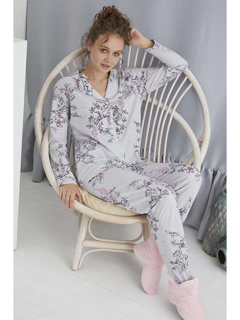 Gri Pamuklu Düğmeli Pijama Takımı 451-13-1