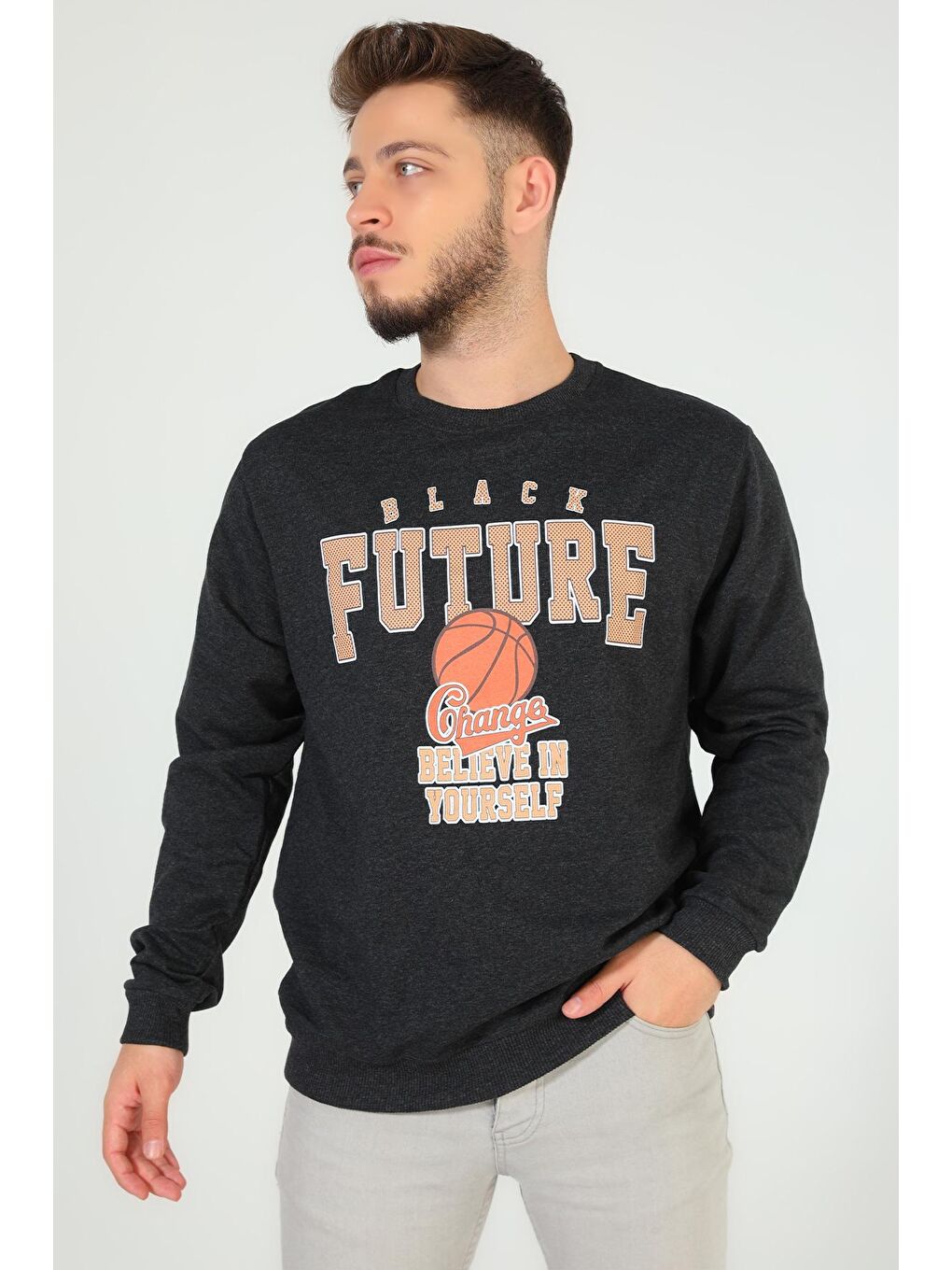 Antrasit Erkek Bisiklet Yaka Baskılı Sweatshirt