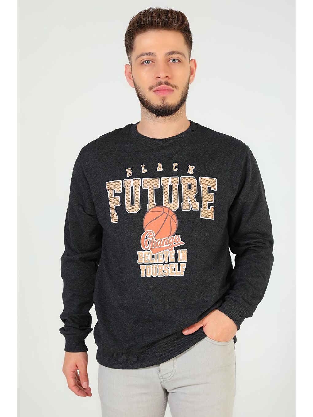 Antrasit Erkek Bisiklet Yaka Baskılı Sweatshirt-1