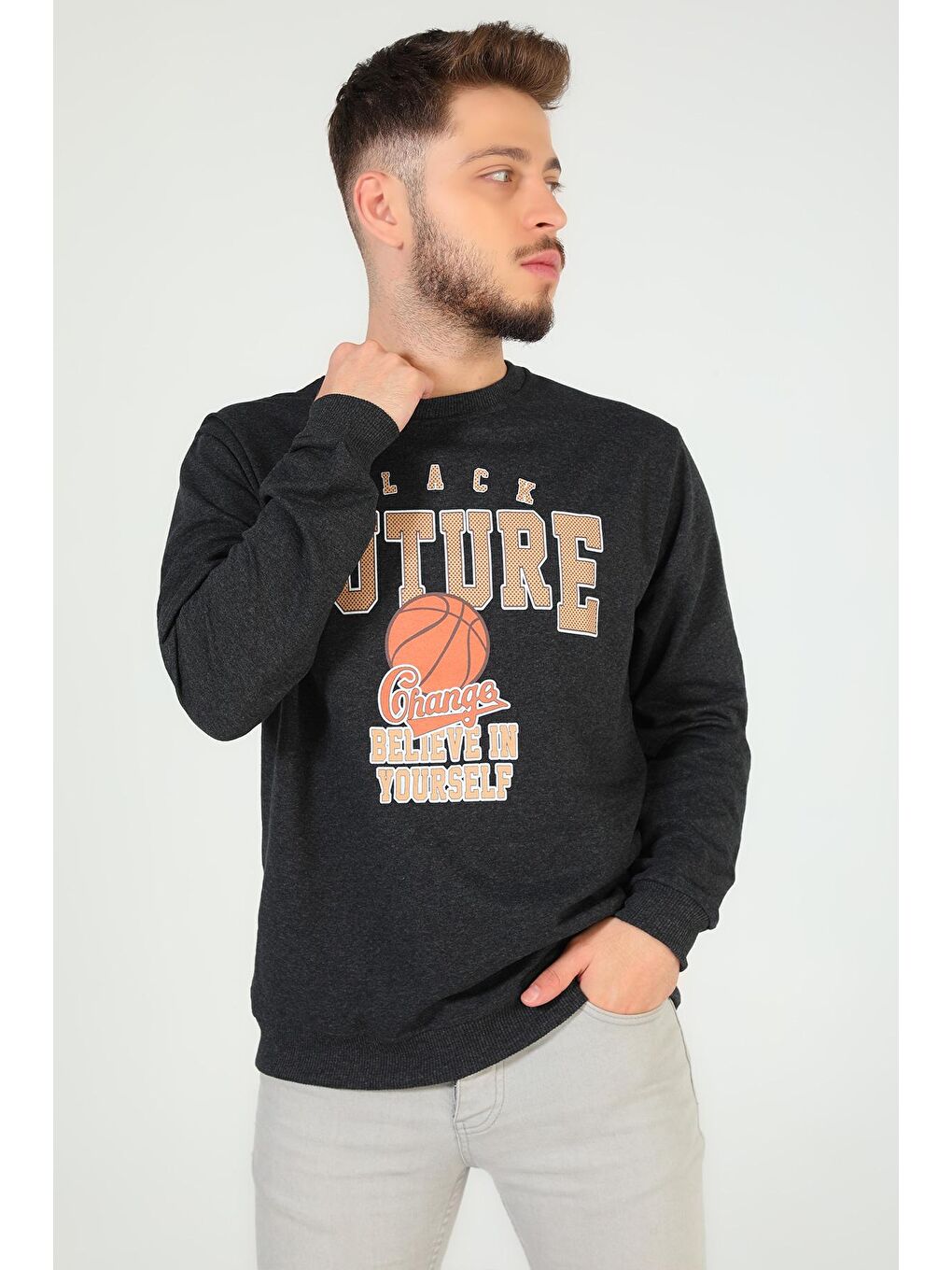 Antrasit Erkek Bisiklet Yaka Baskılı Sweatshirt-2