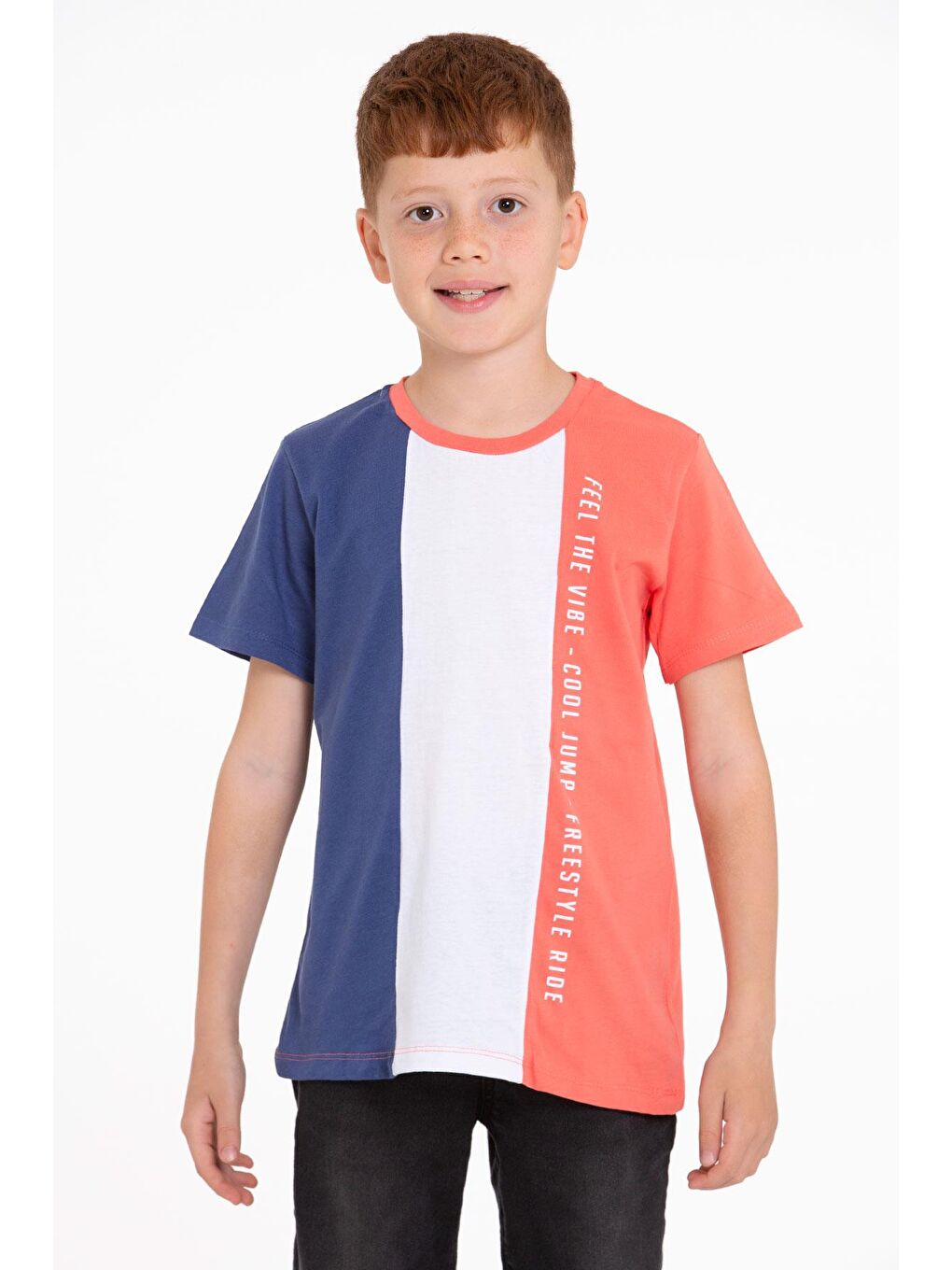 İndigo Bisiklet Yaka Kısa Kol Çift Renkli Indigo Renk Erkek Çocuk Tshirt-1