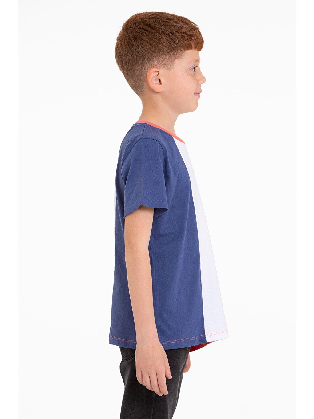 İndigo Bisiklet Yaka Kısa Kol Çift Renkli Indigo Renk Erkek Çocuk Tshirt-3