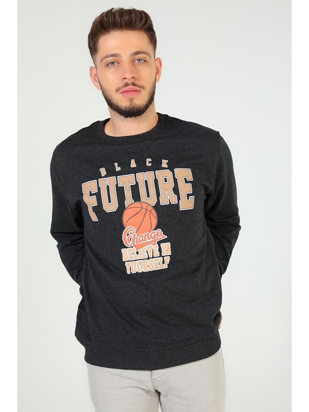 Antrasit Erkek Bisiklet Yaka Baskılı Sweatshirt-3