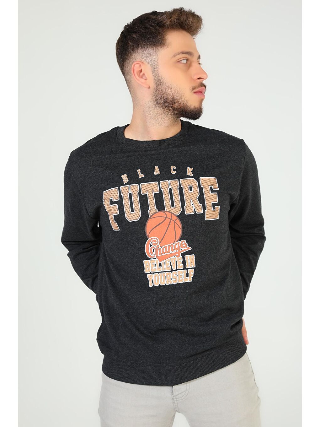 Antrasit Erkek Bisiklet Yaka Baskılı Sweatshirt-4