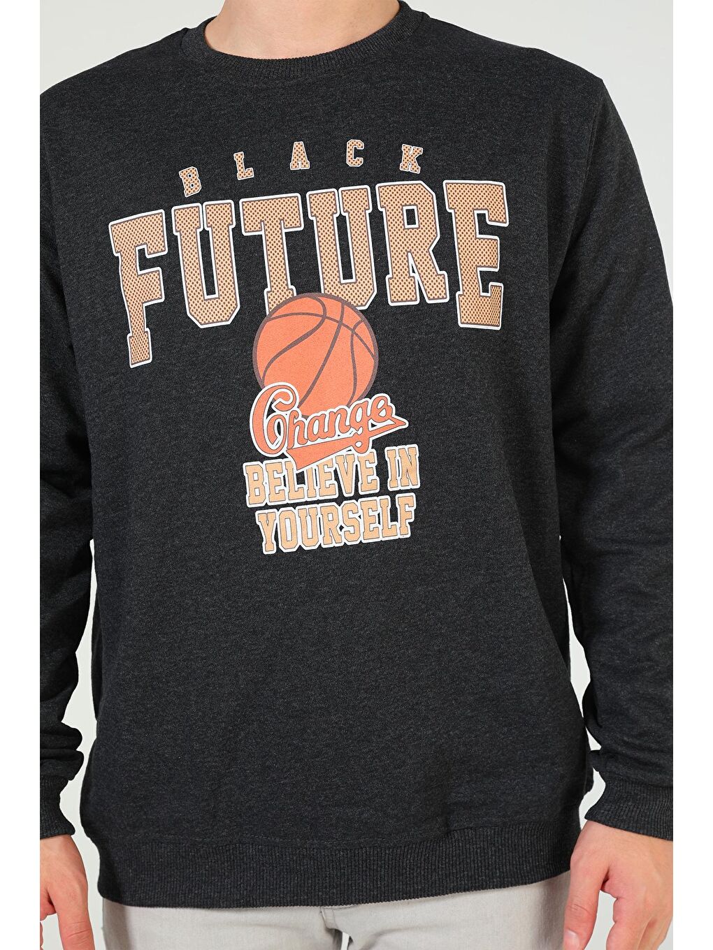 Antrasit Erkek Bisiklet Yaka Baskılı Sweatshirt-5