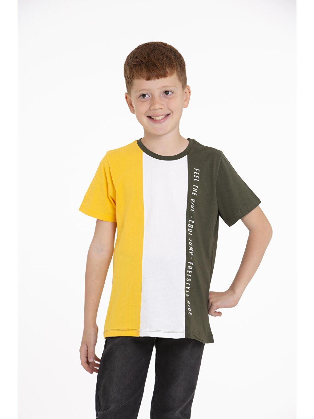 Bisiklet Yaka Kısa Kol Çift Renkli Haki Renk Erkek Çocuk Tshirt