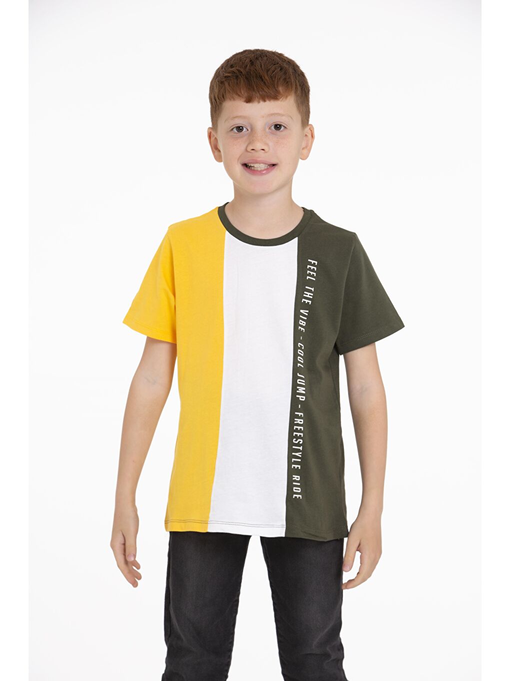 Bisiklet Yaka Kısa Kol Çift Renkli Haki Renk Erkek Çocuk Tshirt-1