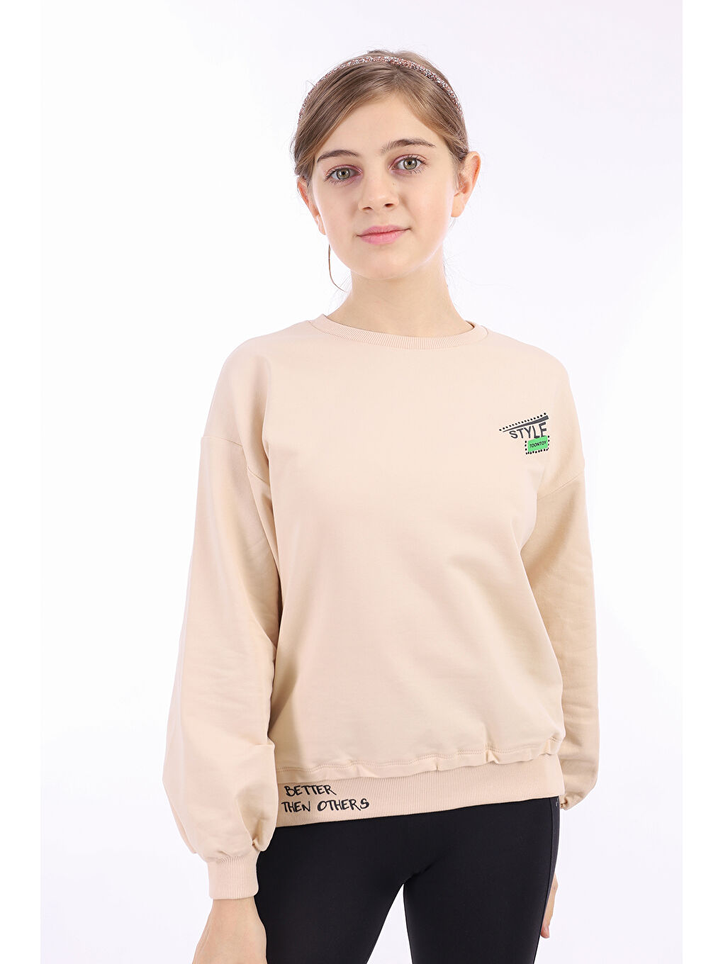 Bej Kız Çocuk Baskılı Sweatshirt