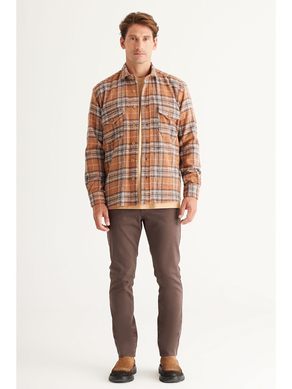 Bej Erkek Vizon Oversize Fit Geniş Kesim Düğmeli Yaka Ekose Gömlek Ceket-1