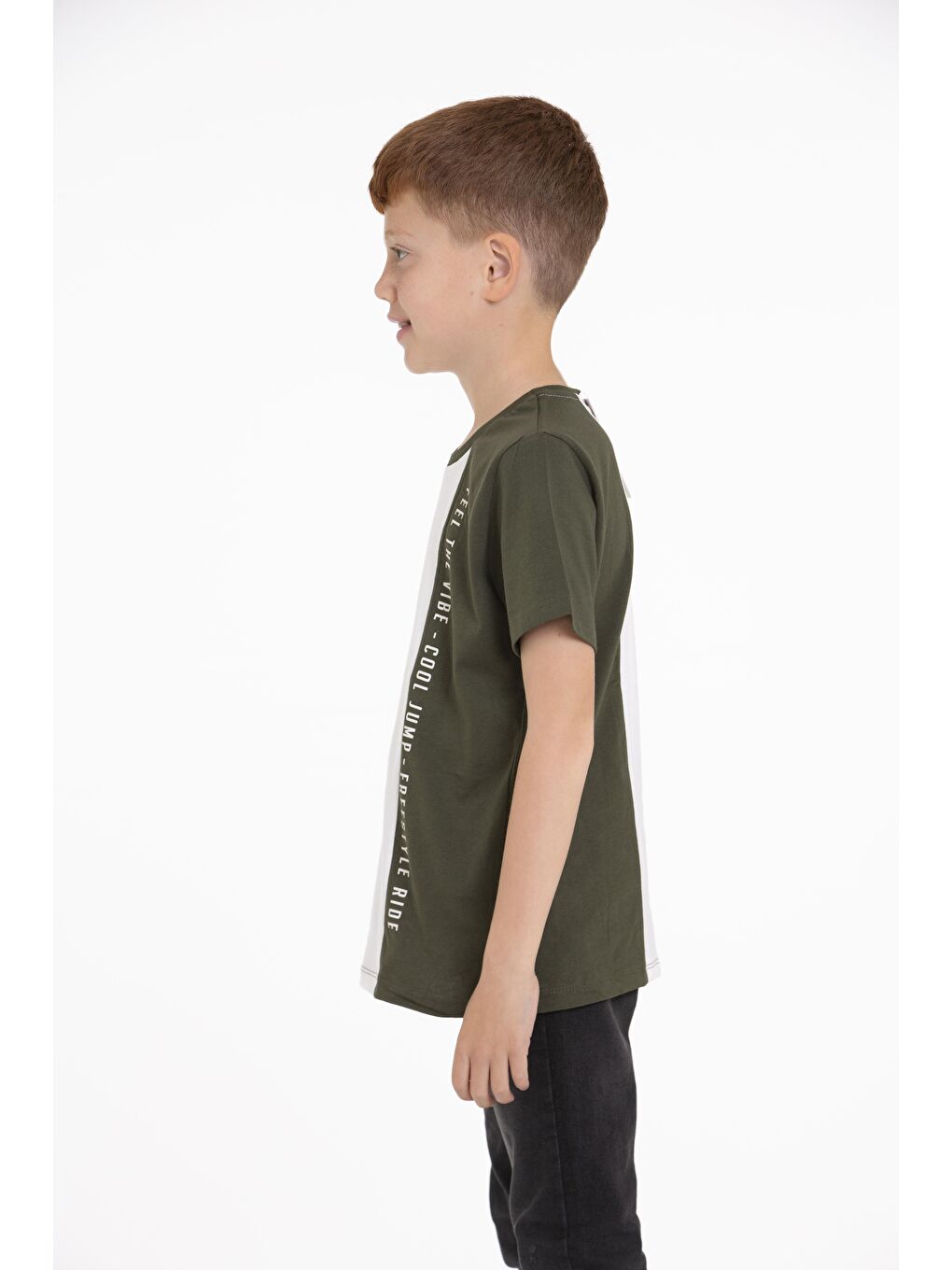 Bisiklet Yaka Kısa Kol Çift Renkli Haki Renk Erkek Çocuk Tshirt-3