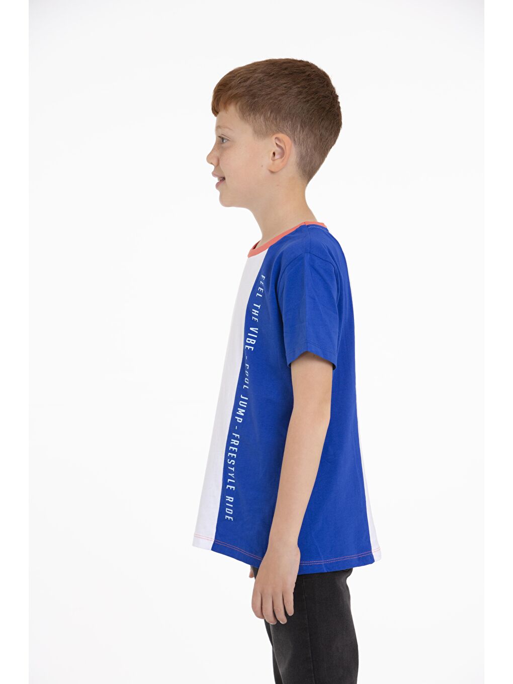 Mavi Bisiklet Yaka Kısa Kol Çift Renkli Saks Renk Erkek Çocuk Tshirt-2