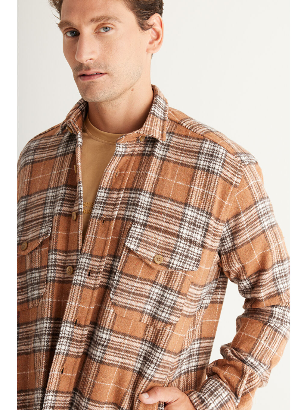 Bej Erkek Vizon Oversize Fit Geniş Kesim Düğmeli Yaka Ekose Gömlek Ceket-3