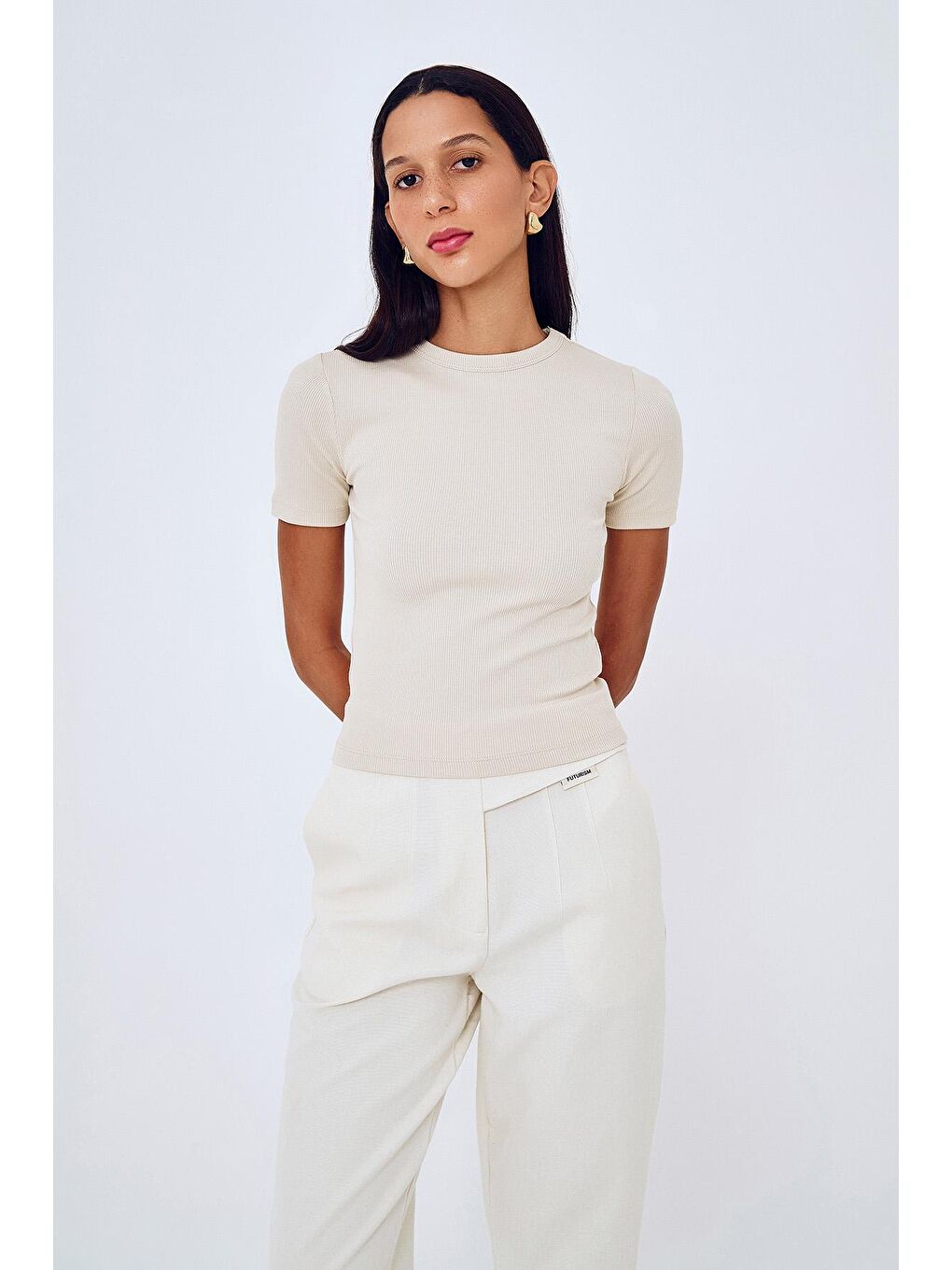 Fitilli Basic Tişört Bej-2