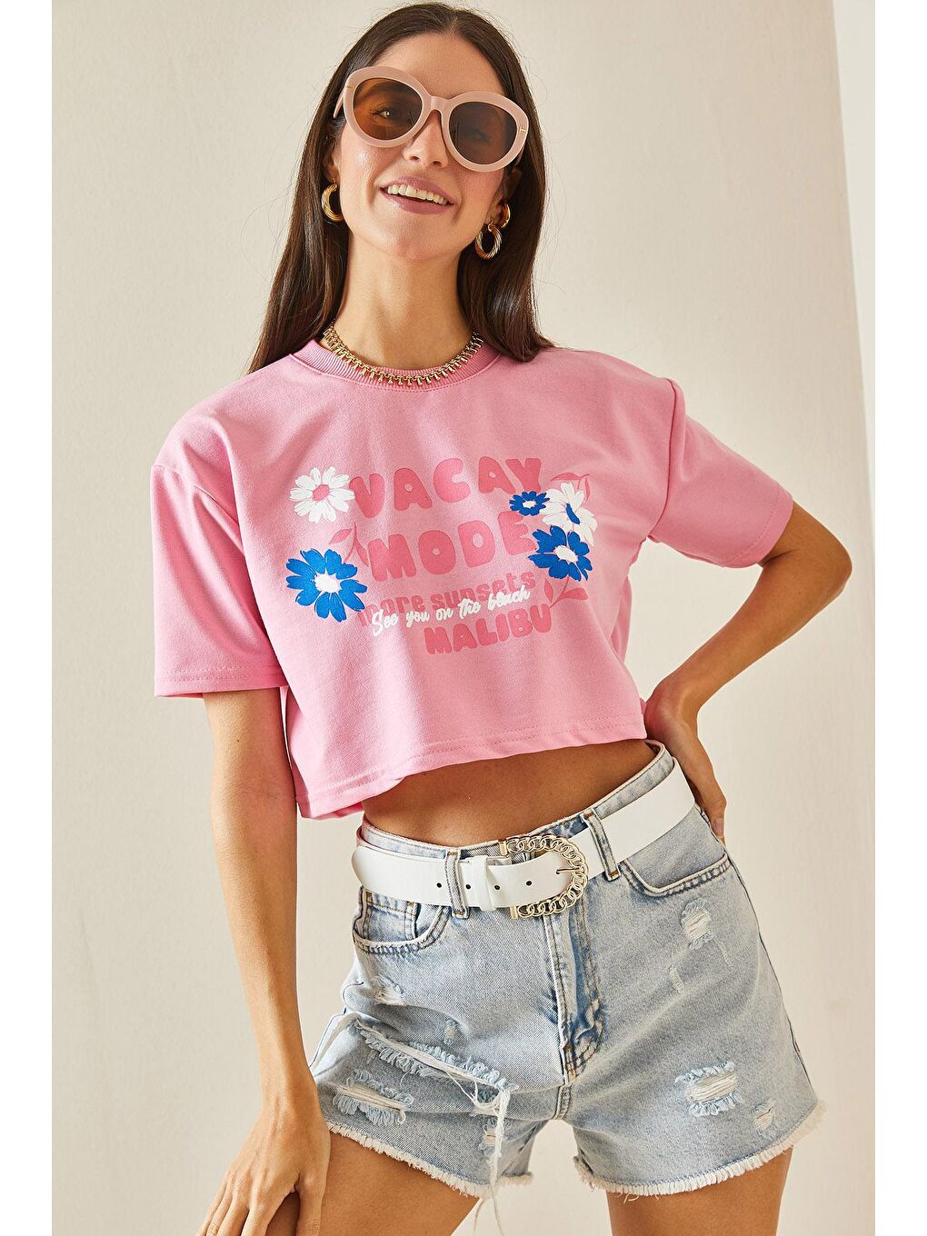 XHAN Pembe Baskılı Bisiklet Yaka Crop T-Shirt 5YXK1-48564-20