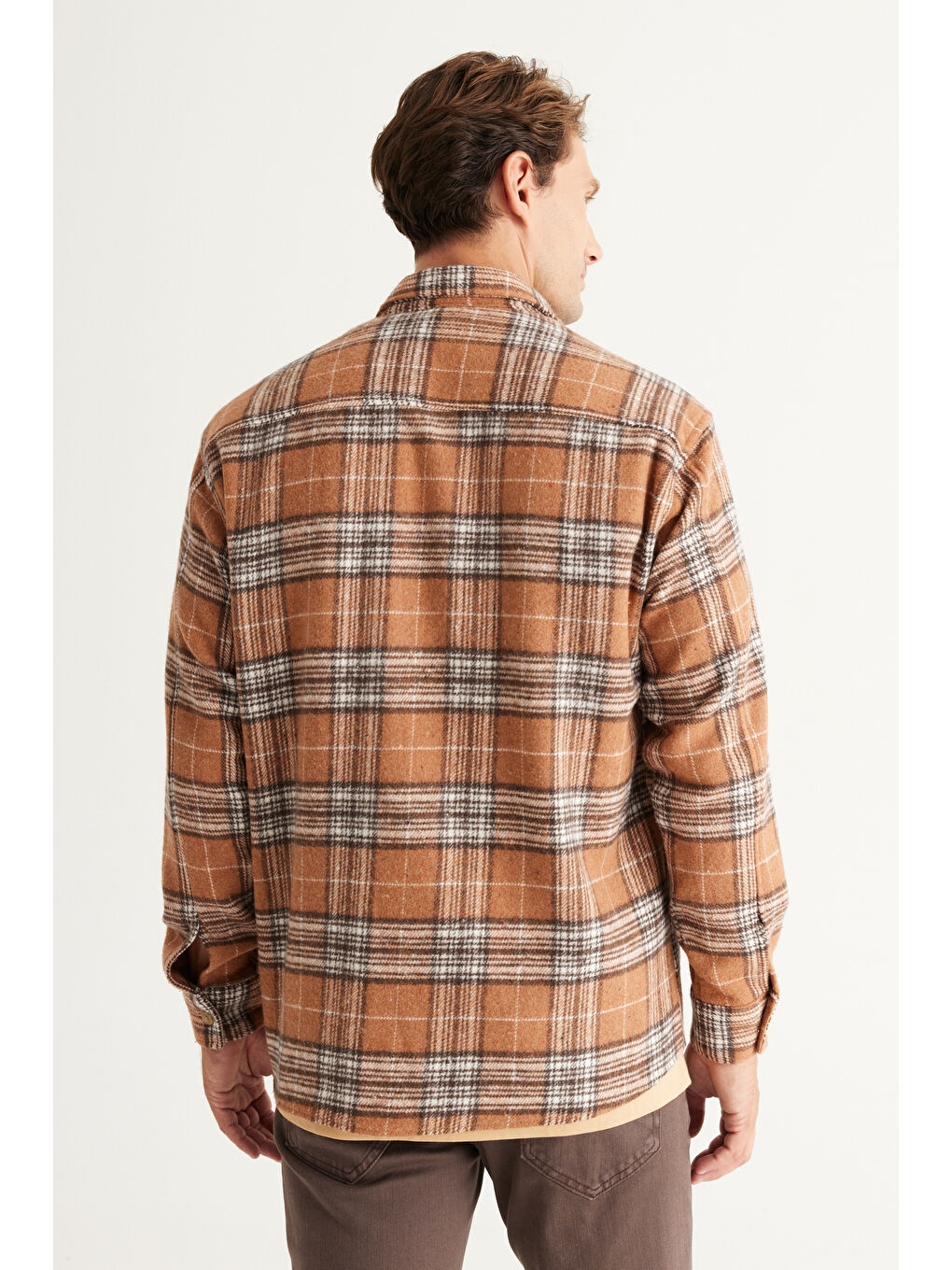 Bej Erkek Vizon Oversize Fit Geniş Kesim Düğmeli Yaka Ekose Gömlek Ceket-4