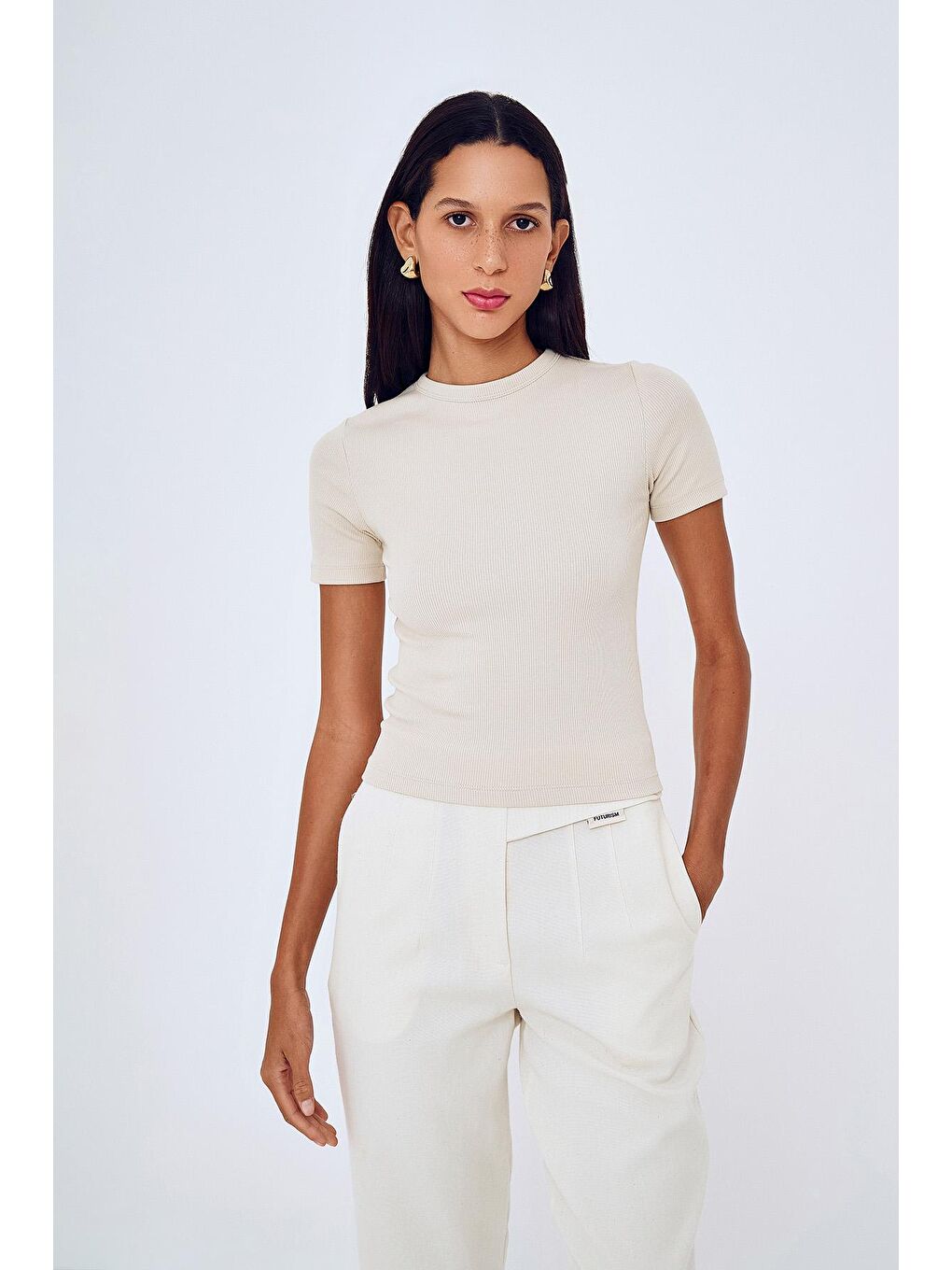 Fitilli Basic Tişört Bej-3