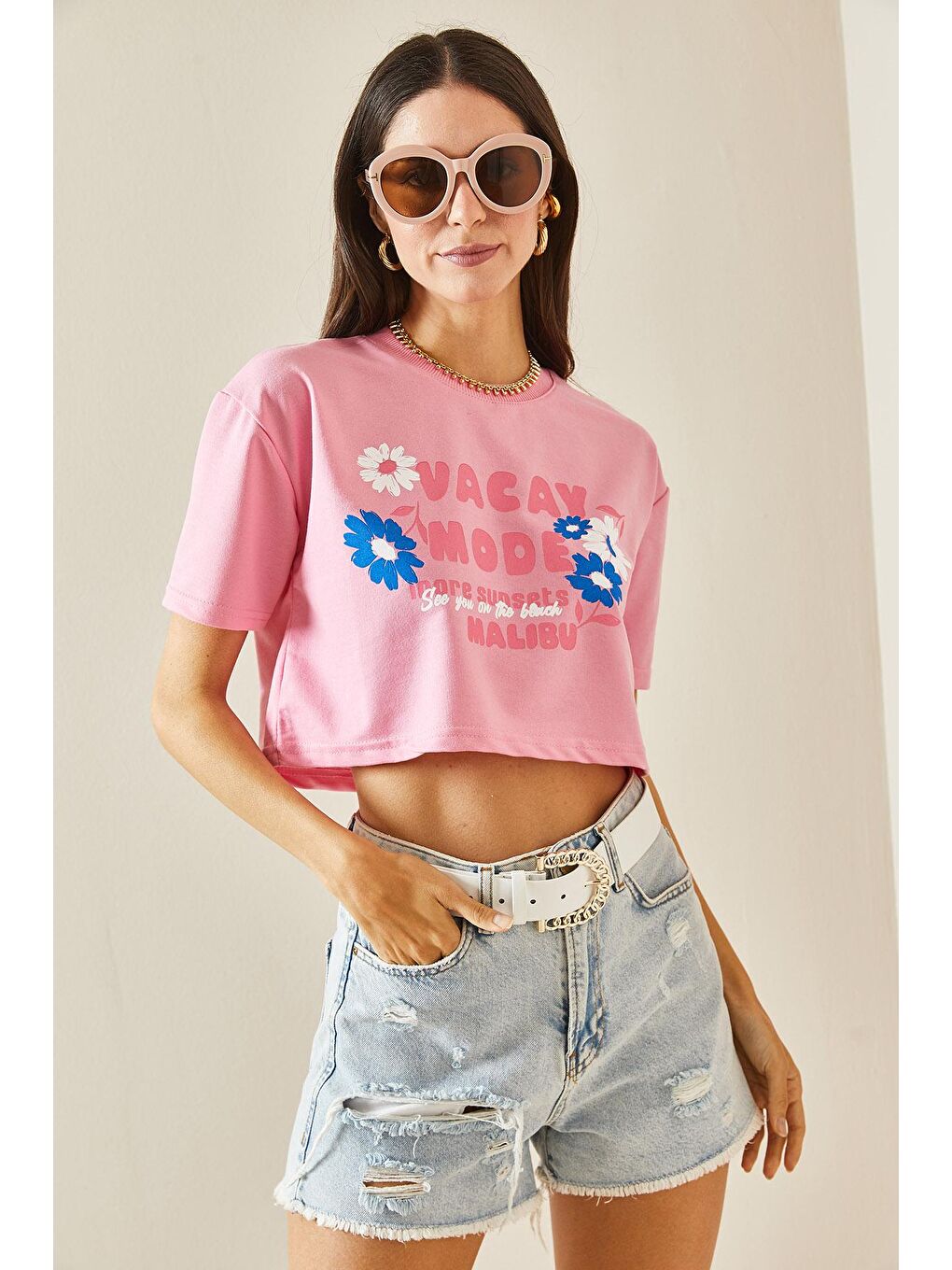 XHAN Pembe Baskılı Bisiklet Yaka Crop T-Shirt 5YXK1-48564-20 - 1