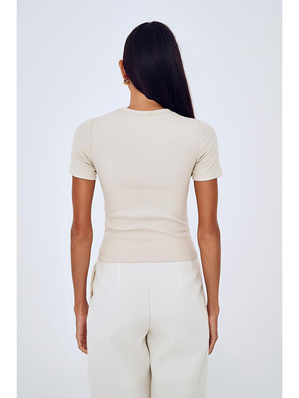 Fitilli Basic Tişört Bej-4