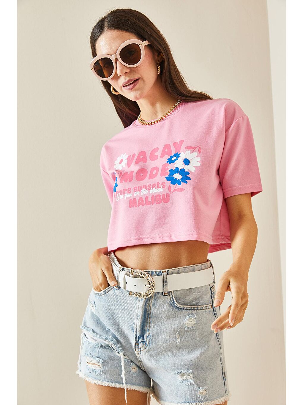 XHAN Pembe Baskılı Bisiklet Yaka Crop T-Shirt 5YXK1-48564-20 - 2