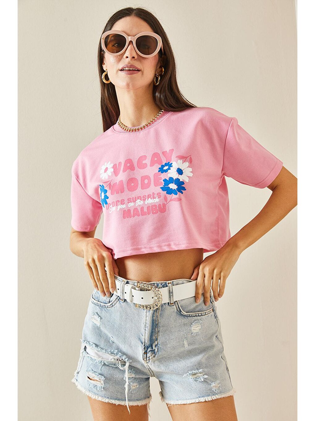 XHAN Pembe Baskılı Bisiklet Yaka Crop T-Shirt 5YXK1-48564-20 - 3