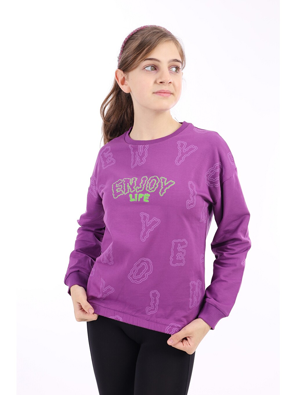 Mor Kız Çocuk Baskılı Sweatshirt