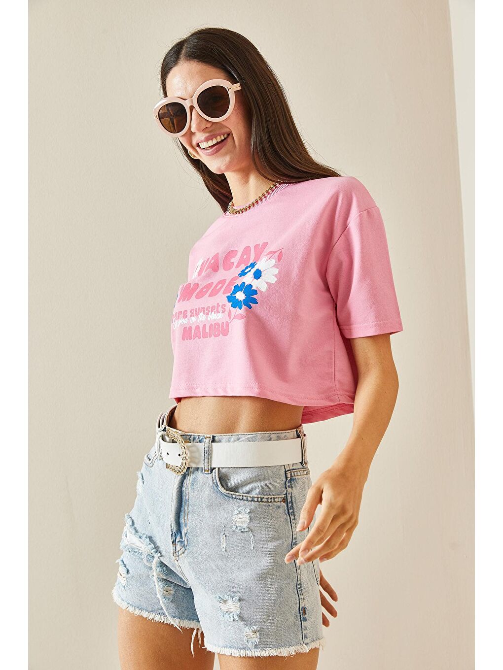 XHAN Pembe Baskılı Bisiklet Yaka Crop T-Shirt 5YXK1-48564-20 - 4