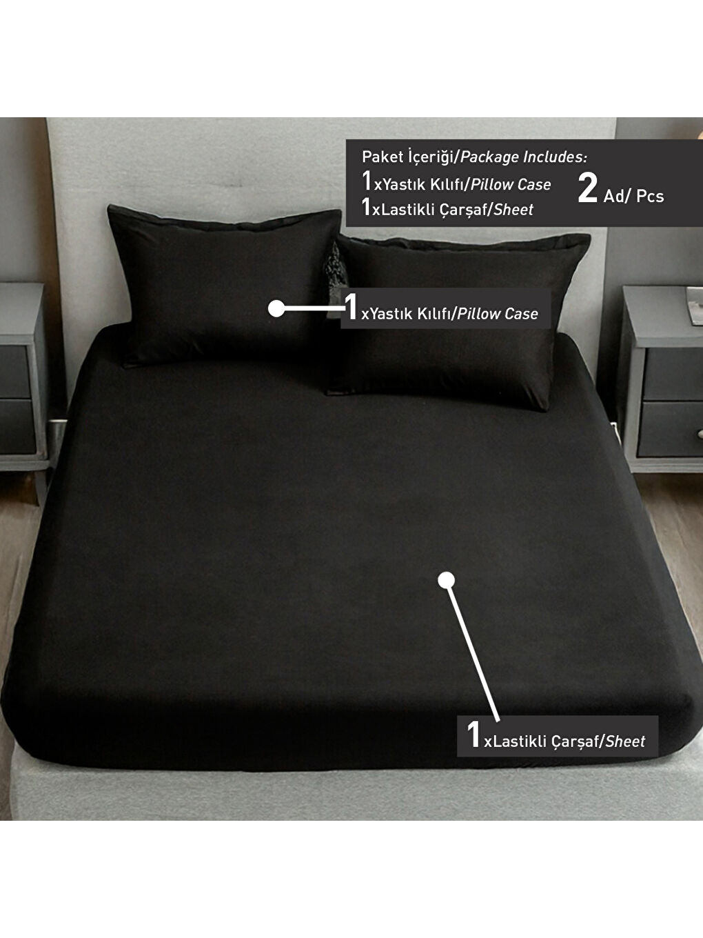 Lastikli Çarşaf + Yastık Kılıfı Tek Kişilik Basic Siyah-3
