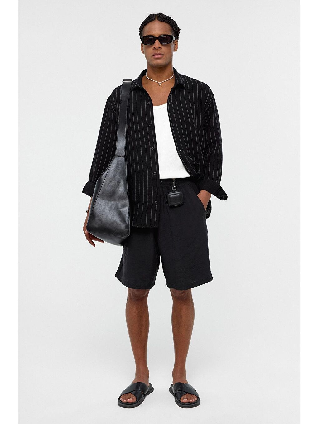 Çizgili Oversize Müslin Keten Gömlek Siyah