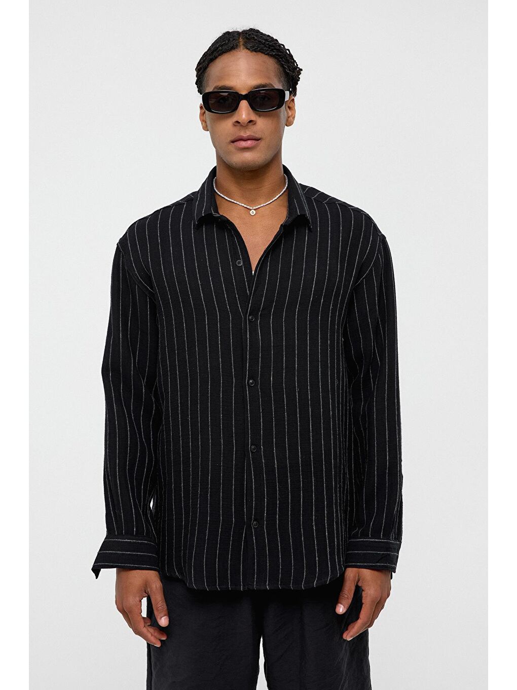 Çizgili Oversize Müslin Keten Gömlek Siyah-2