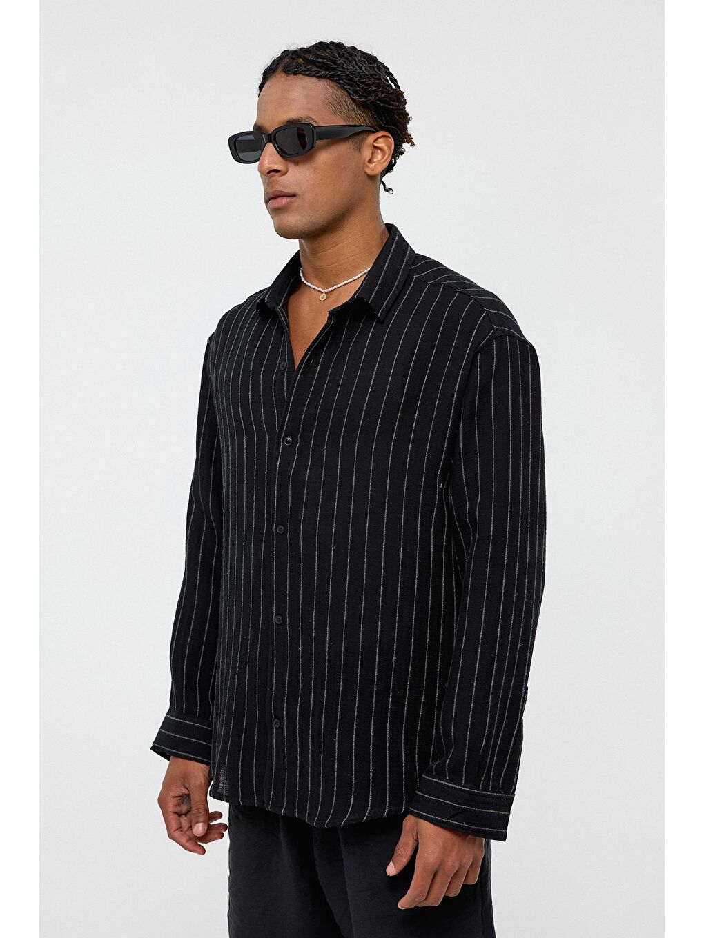 Çizgili Oversize Müslin Keten Gömlek Siyah-3