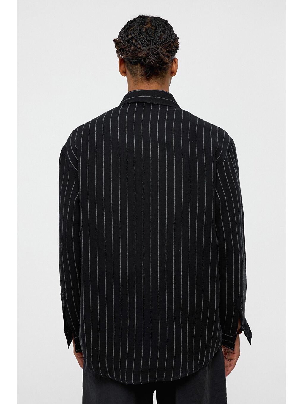 Çizgili Oversize Müslin Keten Gömlek Siyah-4