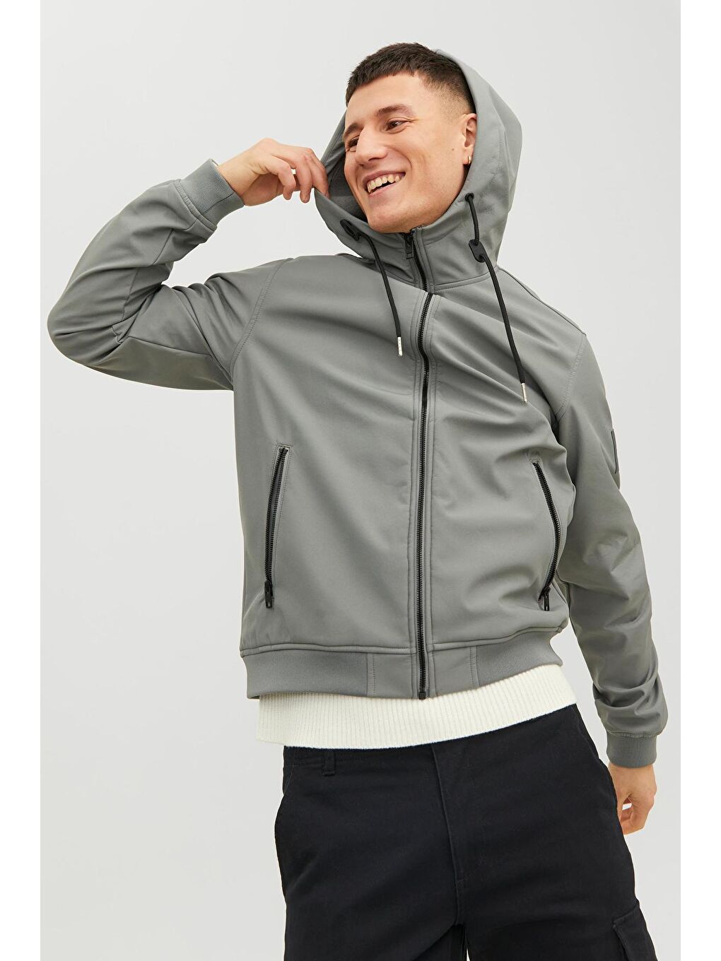 Jack & Jones Gri Jjebasıic Suya Dayanıklı Kapüşonlu Regular Fit Erkek Ceket 12236300