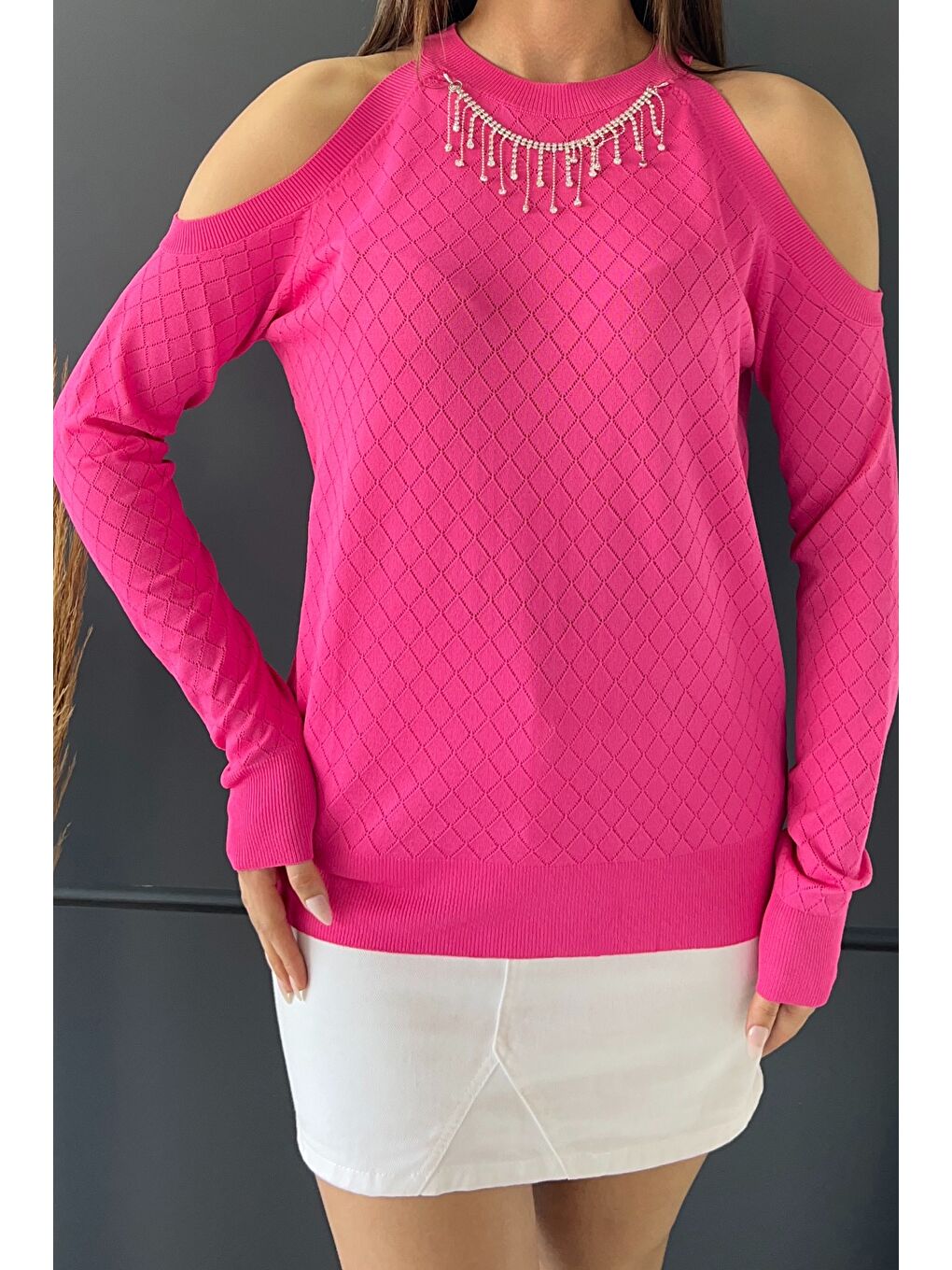 Fuşya Omuz Dekolteli Bisiklet Yaka Taşlı Kadın Triko Bluz-2