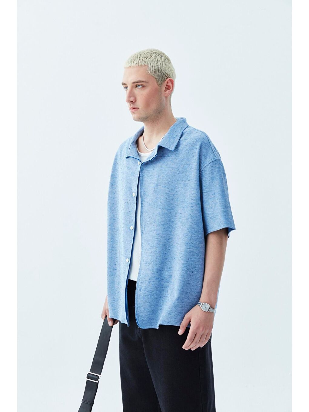 Oversize Keten Gömlek İndigo-6