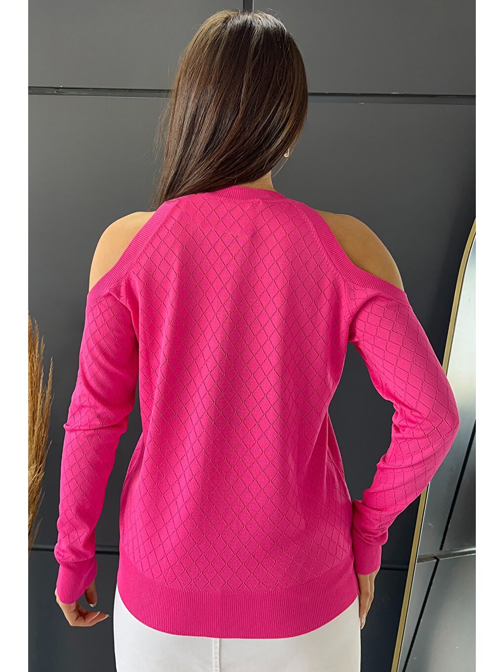 Fuşya Omuz Dekolteli Bisiklet Yaka Taşlı Kadın Triko Bluz-3