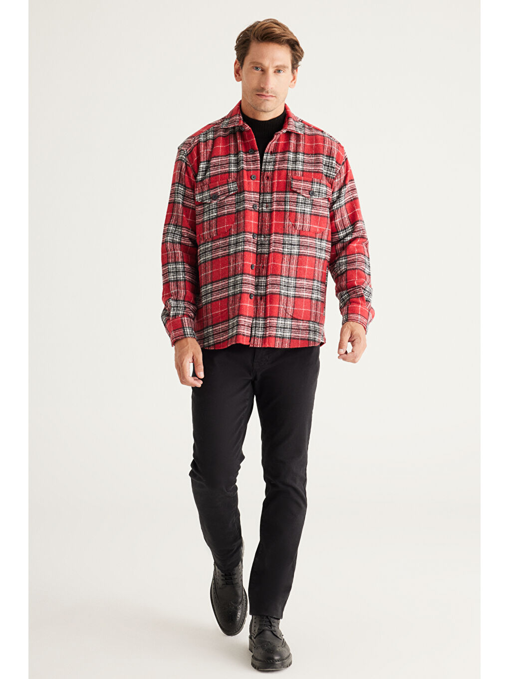 Erkek Kırmızı Oversize Fit Geniş Kesim Düğmeli Yaka Ekose Gömlek Ceket-1