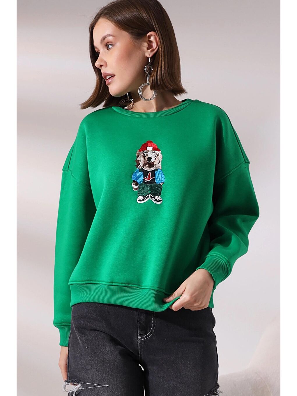 Yeşil Köpek Baskılı Sweatshirt